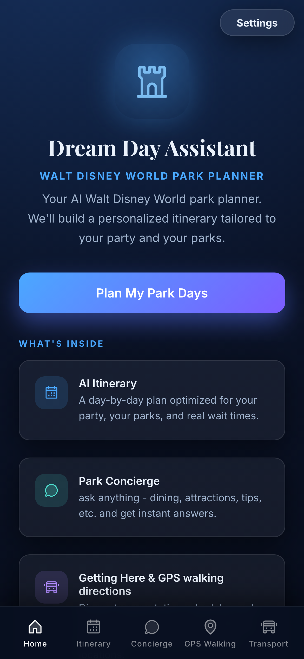 Dream Day Assistant home screen with GPS Walking tab